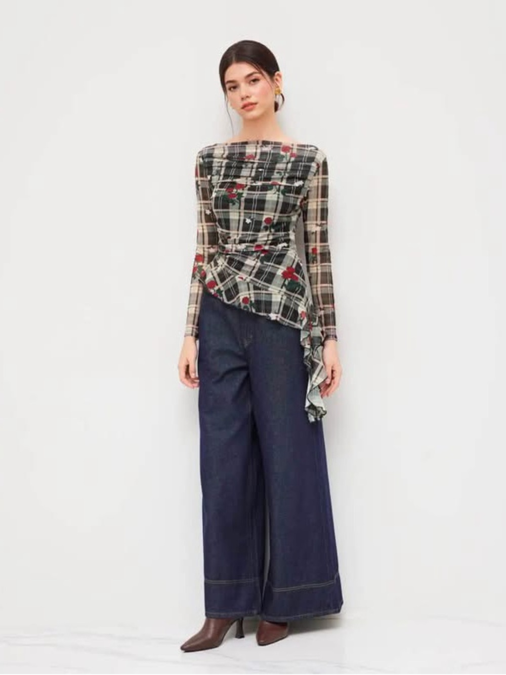 Cider MESH BOAT NECK ROSE PLAID RUFFLE HEM TOP XL nwt - Picture 2 of 3
